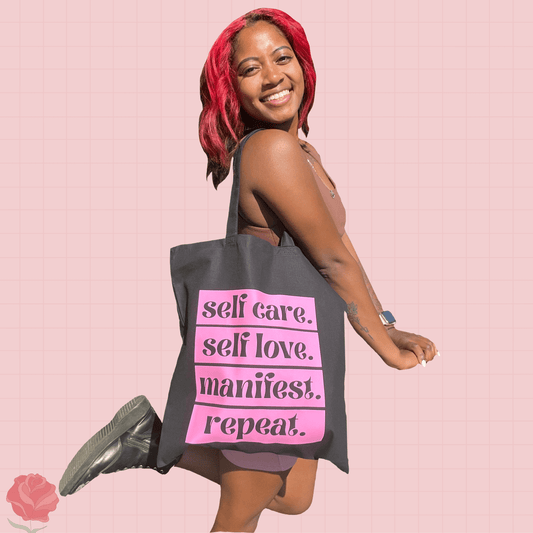self care. self love. mantra tote bags